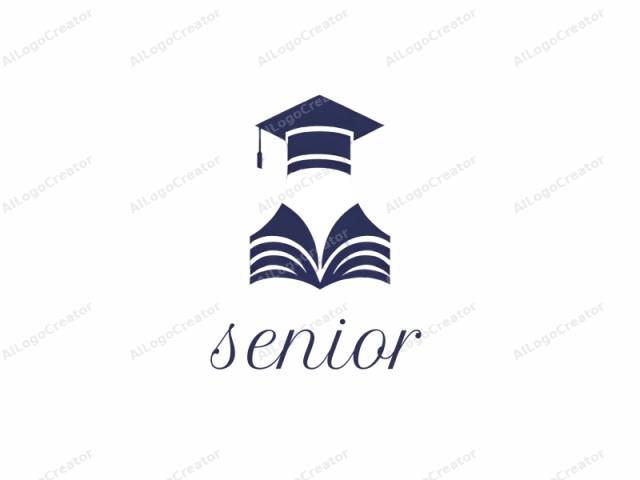 This is a simple, minimalist digital drawing featuring a dark blue silhouette of a graduation cap, commonly known as a mortarboard, placed above an open book. The mortarboard is depicted with a flat, wide brim and a tassel hanging from