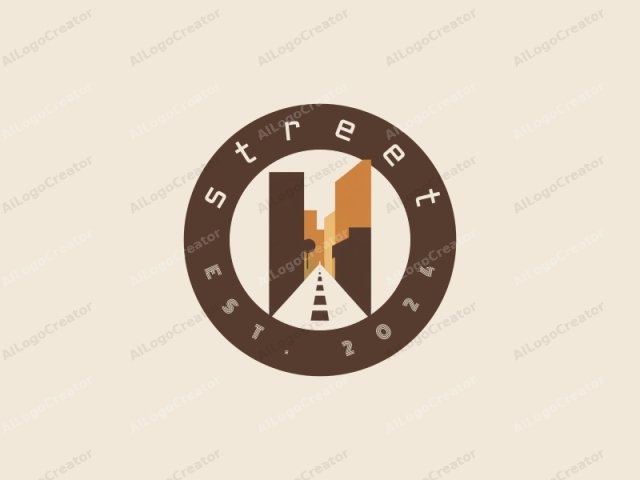 depicting a stylized street scene with geometric shapes. The logo is a minimalist illustration featuring a road that runs vertically down the center. Flanking both sides of the road are rectangular buildings rendered in brown and beige, their facades simplistic yet evocative