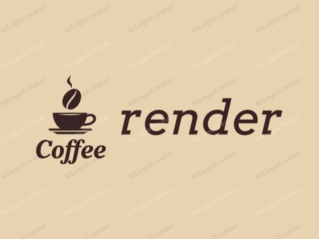 This is a minimalist logo featuring a dark brown, coffee-themed design against a beige background. The main subject is a simplified, stylized cup and saucer. The cup is depicted as a solid oval shape with a handle on the right side,