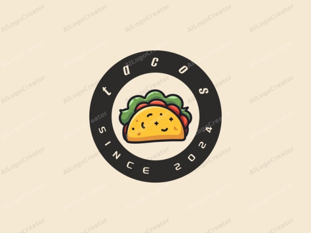 Este es un logo creado digitalmente, que presenta una ilustración estilizada y caricaturesca de un taco. El taco se representa como una forma simple, aplanada y de color amarillo dorado con un borde ligeramente curvado, que indica una tortilla doblada. Su relleno es mínimo