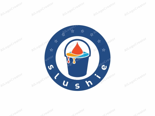 This is a simple, digital logo featuring a bucket with a pouring paint theme. The bucket, colored in a dark blue, is centrally positioned against a stark white background. Atop the bucket, there is a vivid, orange-red drop of paint