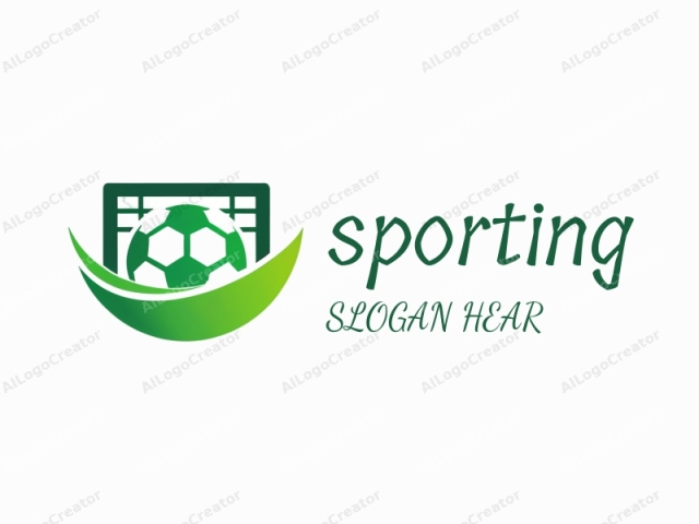 focusing on its key elements. This is a minimalist, abstract logo featuring a stylized soccer ball superimposed over a green soccer goal net. The soccer ball is centrally positioned and consists of six pentagons and twelve hexagons, typical