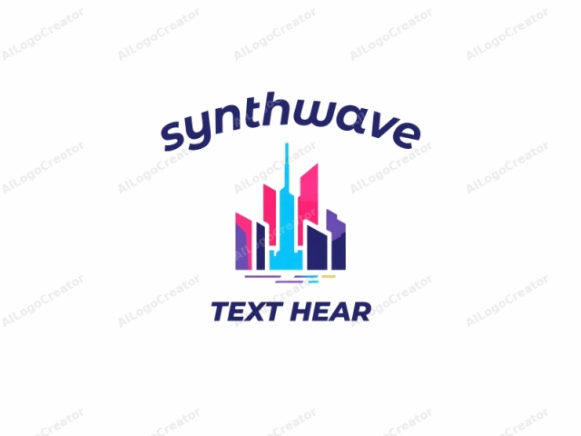 This is a stylized logo illustration depicting a modern city skyline against a white background. The skyline is comprised of abstract, geometrically-shaped buildings of varying heights, all rendered in vibrant colors. At the top, a tall, slender skyscraper is