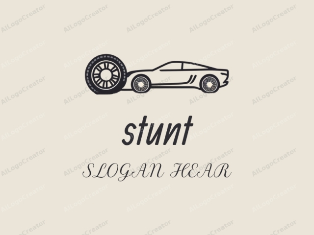 This image features a minimalist, monochromatic line drawing of a car with a large, intricately detailed wheel in the background. The car is depicted in profile, facing to the left, with clean, streamlined lines. The wheel is positioned slightly