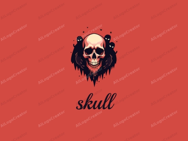 This digital illustration, with a dark, gothic aesthetic, features a human skull centered against a solid red background. The skull is depicted with detailed shading, highlighting its hollow eye sockets and the smooth texture of the bone. Around the skull's base