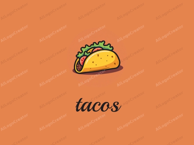 en un medio digital. Esta es una ilustración colorida y de estilo caricaturesco de un taco. El taco en sí está representado con líneas audaces y limpias, y colores brillantes y vibrantes, típicos de la ilustración digital moderna. El taco está posicionado en el centro de un gran círculo naranja