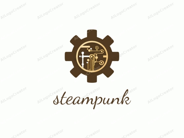 featuring a stylized gear icon with a unique blend of design elements. The gear, prominently displayed in the center, is rendered in a rich brown color, giving it a solid and durable appearance. Within the gear's circular opening, the design features intricate