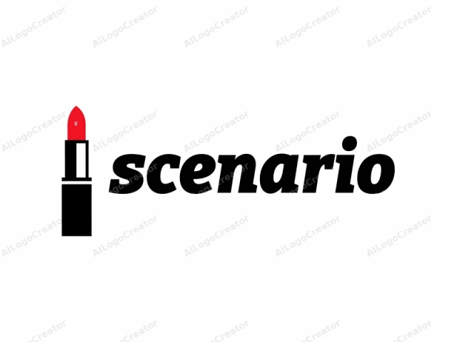 The image is a minimalist, digital illustration of a lipstick case. The design features a stark contrast between white and black elements. The lipstick itself is depicted as a bold, red rectangle, occupying the majority of the composition, and positioned centrally. The
