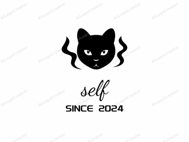 This is a minimalist black and white logo featuring a stylized cat's head, designed in a vector graphic style. The cat's face is centered, facing forward with its eyes wide open, creating a piercing and intense gaze. The cat's ears