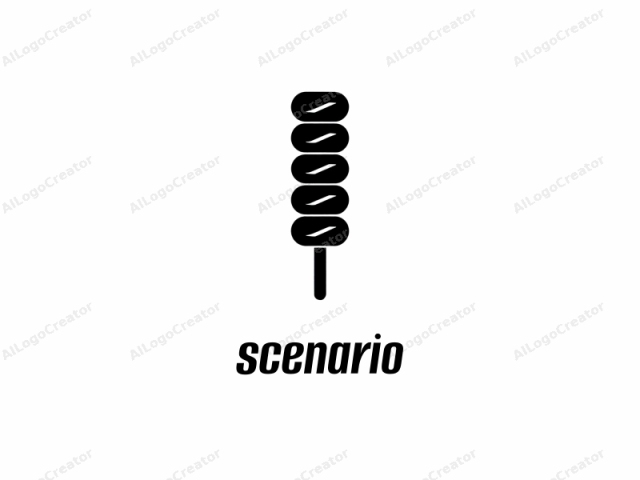 a food item, using a simplistic, monochromatic style. The image features a black, stick-like object with a rounded top and a thin, vertical stem. The stick is adorned with five horizontal, cylindrical elements arranged in a staggered manner