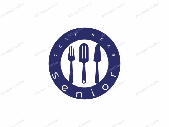 which depicts three utensils—fork, spoon, and knife—against a plain white background. The image features a minimalist design in a deep, dark blue color. Each utensil is simplified into its essential form, with clean, straight lines and