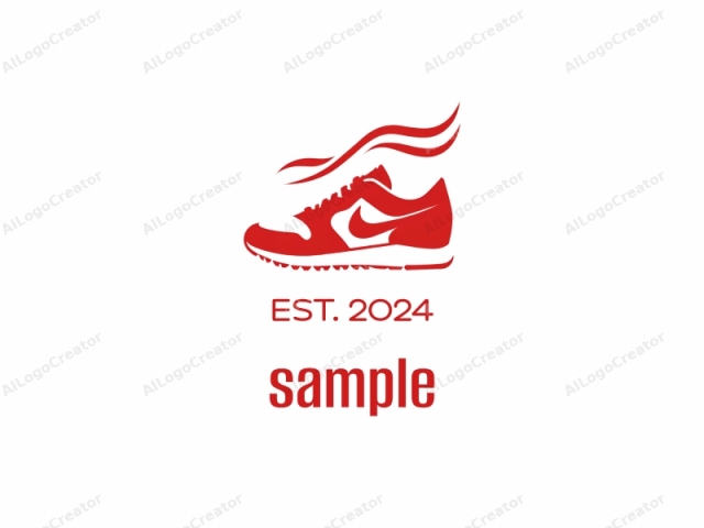 This is a minimalist logo illustration in bold red, set against a stark white background. The design features a stylized silhouette of a Nike running shoe. The shoe is prominently displayed in profile, with its upper, sole, and heel clearly defined.