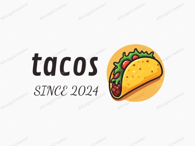 en el estilo de arte digital. La imagen es una ilustración detallada y vibrante de un taco. El taco se representa con colores brillantes y audaces, con una tortilla de color amarillo dorado con una textura suave, ligeramente inflada y ligeramente carbonizada en los bordes.