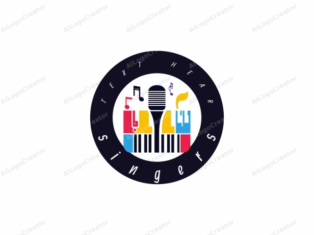 This image is a digital illustration representing a microphone, musical notes, and keyboard keys. It features a stylized, abstract depiction of a microphone positioned centrally in the middle, with its black body and yellow top. Surrounding the microphone are musical notes