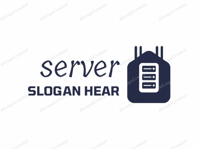 This is a simple, minimalist logo illustration in black and white. The main subject is a stylized representation of a cloud computing icon. The central figure is a large, dark blue square shape, resembling a house or server with a flat, rectangular