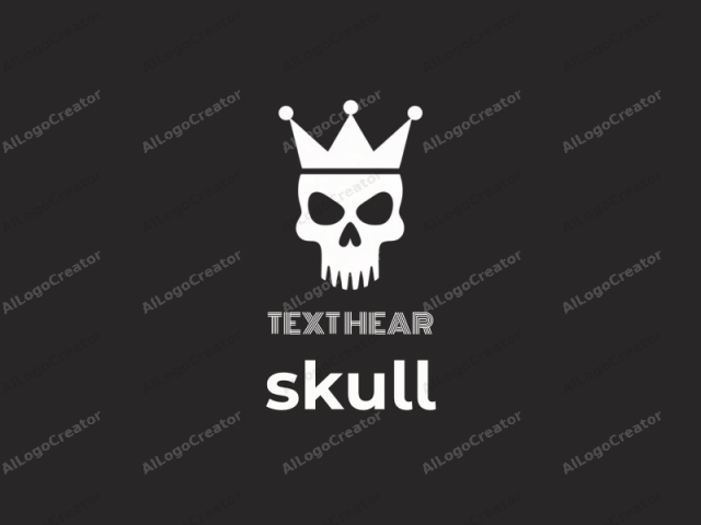 The image is a minimalist, monochromatic logo design featuring a white skull set against a solid black background. The skull has a prominent, stylized crown with three points on top, which is typically associated with royalty or status. The skull's