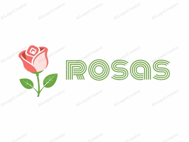 Eine stilisierte Rose. Das Logo ist ein einfaches, sauberes und minimalistisches Design, das durch glatte Linien und flache Farbfüllungen gekennzeichnet ist. Die Rose selbst ist in einem hellen Rosaton dargestellt, wobei ihre Blütenblätter in einer klassischen Rosenform angeordnet sind. Der Stiel