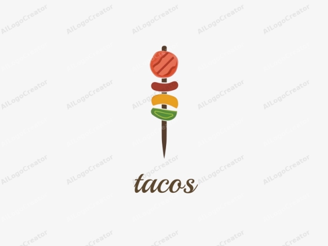 una brocheta de kebab con un diseño minimalista. Este dibujo digital representa una sola brocheta de kebab colocada verticalmente sobre un fondo blanco. La brocheta de kebab está ilustrada en un diseño simplificado y plano con colores vibrantes. La parte superior de