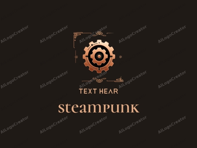 a large, metallic gear encircled by smaller gears and adorned with intricate, ornate details. The gear is centrally positioned on a dark brown, textured background, which adds depth and a vintage, almost weathered feel. The metallic gear is