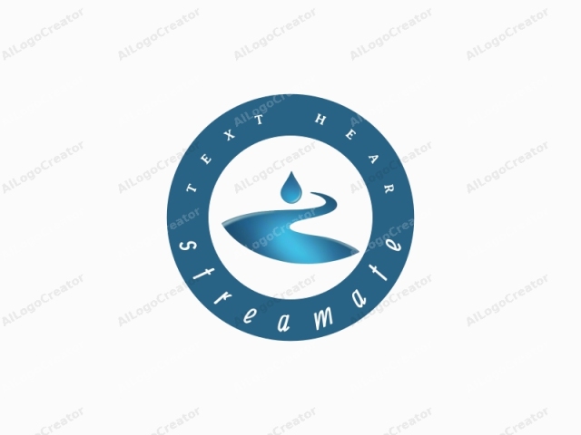 centrándose en sus elementos de diseño, uso del color y estilo. El logotipo presenta un diseño minimalista y abstracto centrado sobre un fondo blanco limpio. El logotipo consiste en una gota de agua estilizada y una línea curva y fluida. La gota de agua, representada en