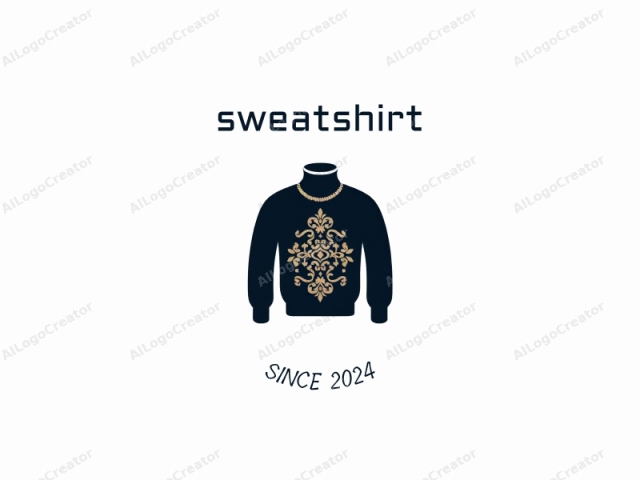 The image is a simple, minimalist vector illustration of a high-neck sweater, presented against a clean white background. The sweater is predominantly dark navy blue, with long sleeves and a fitted body. Central to the garment is a striking, ornate,