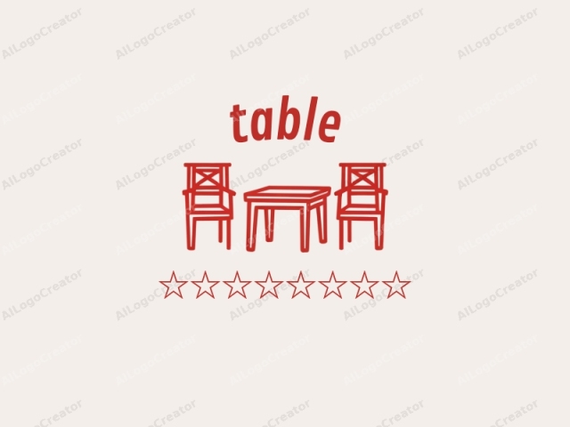 This is a simple, minimalist vector drawing. The drawing consists of three elements: a square table and two chairs. All three objects are outlined in a bold, bright red color against a smooth off-white background. Each chair is designed with a rectangular