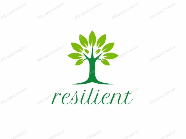 This is a simple, clean logo design featuring a stylized tree. The central figure is a bright green tree with a thick, cylindrical trunk at the bottom. The tree's canopy consists of five symmetrical branches extending outward like a star. Each