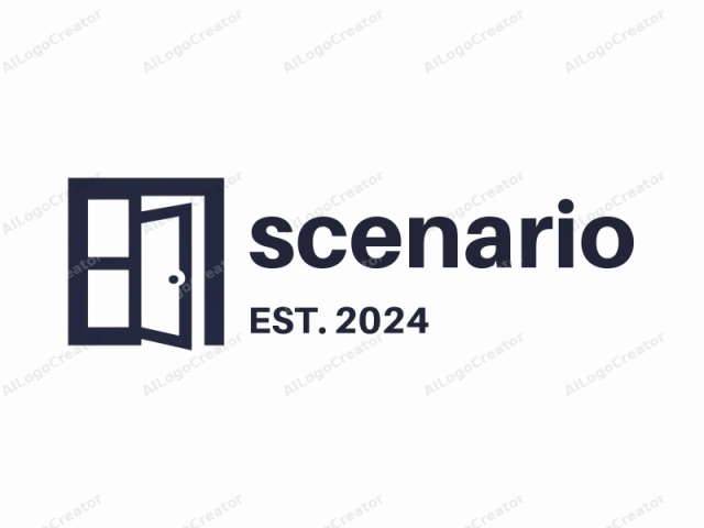 The logo is a minimalist design in the form of a monochrome silhouette, featuring a dark blue door with a prominent handle in the center, situated within a square frame. The square frame, which encloses the door, has a dark blue outline