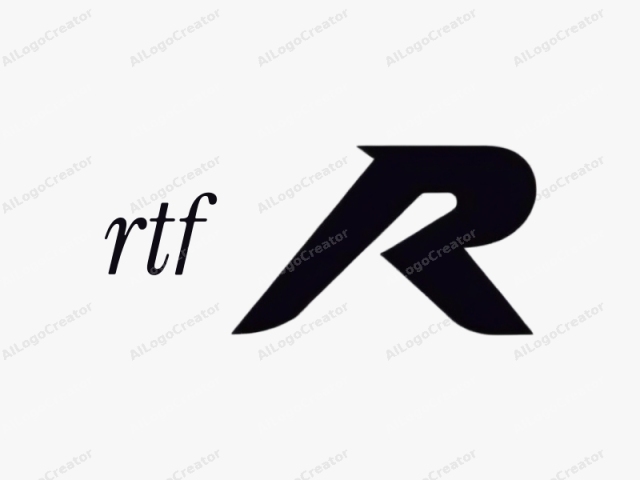 mit einem abstrakten Design. Das Logo ist eine minimalistisch schwarz-weiße Komposition auf einem schlichten weißen Hintergrund. Das Hauptelement ist ein stilisiertes Buchstabe "R" in fettem, schwarzem Sans-Serif-Typ. Das "R" ist mit glatten, fließenden Linien dargestellt.