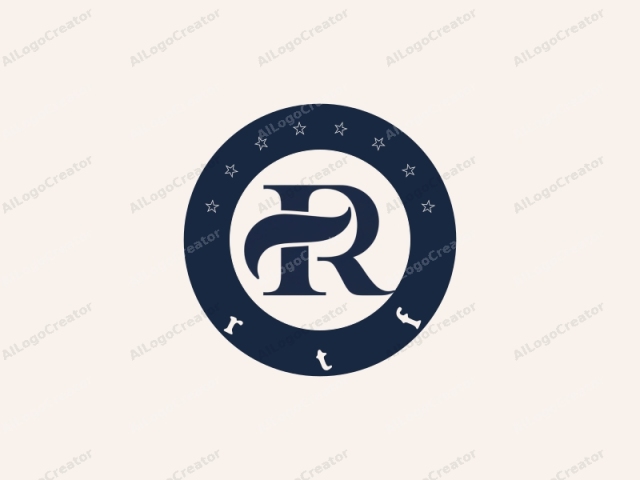 Das Bild ist ein minimalistisches, monochromes Logo, das ein großes "R" in einer schlanken Serifenschrift zeigt. Das "R" ist mit sauberen, scharfen Kanten und glatten Linien gestaltet und zeigt moderne Typografie. Die verwendete Farbe ist ein dunkles Marineblau.