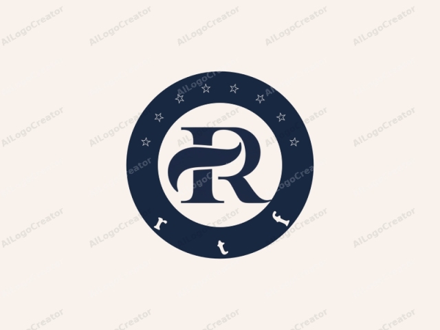這張圖片是一個簡約的單色標誌,以流線型的襯線字體呈現大寫字母"R"。"R"的設計具有乾淨、銳利的邊緣和流暢的線條,展示了現代排版風格。使用的顏色是深海軍藍。