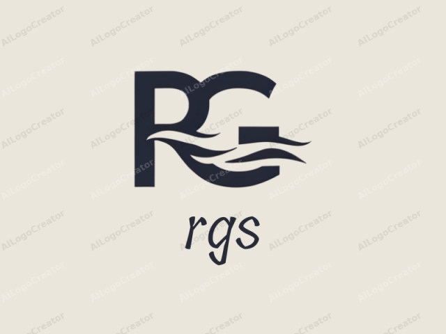 This is a minimalist, digital logo design featuring a stylized letter "R" followed by the letter "G". The logo is rendered in a bold, dark navy blue color against a plain, light beige background, creating a striking contrast. The