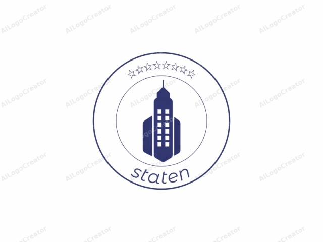 Esta es una ilustración de logotipo simple y minimalista en azul oscuro. Representa un rascacielos estilizado con un diseño geométrico limpio. El edificio tiene una parte superior triangular y puntiaguda con una sola antena que se extiende hacia arriba. Su cuerpo principal está compuesto por varias líneas horizontales.