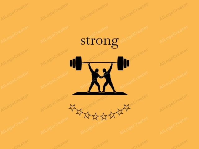 two muscular men lifting a barbell with dumbbells, set against a solid orange background. The image features a minimalist, black-and-white silhouette style with bold, clean lines. The two figures stand facing each other, both holding one end of