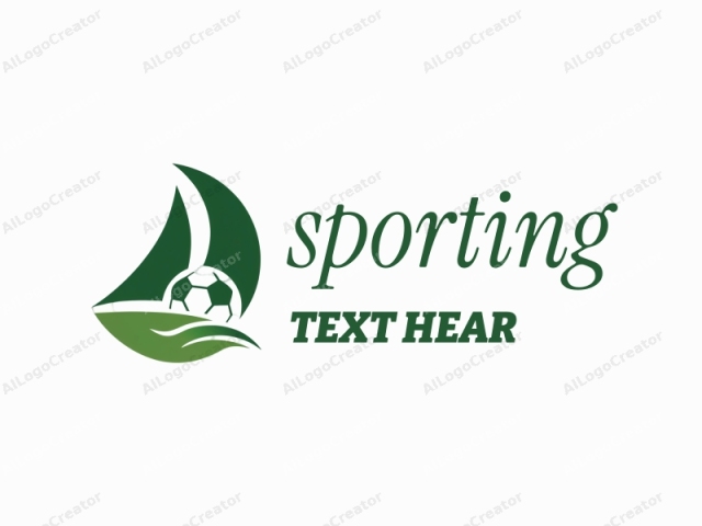 This is a clean, minimalist logo featuring a stylized sailboat with a soccer ball. The sailboat is depicted with an abstract, curved sail in dark green, forming the main figure. At the base of the sail, there's a small