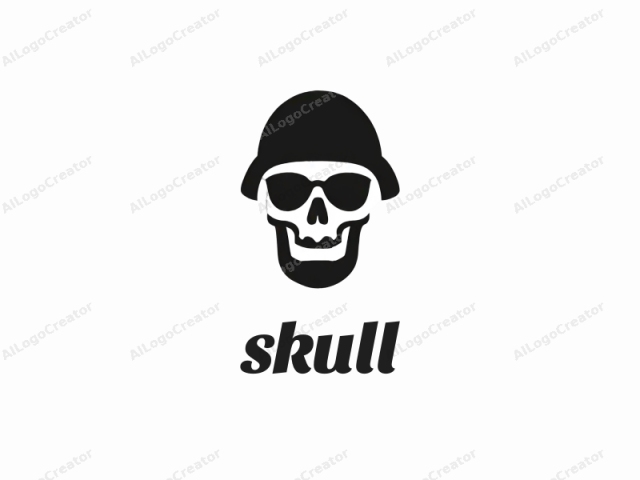 Dieses Schwarz-Weiß-Logo ist ein minimalistisches Grafikdesign, das einen stilisierten Schädel mit Helm und Sonnenbrille darstellt, in einer kühnen, soliden Form ohne Verläufe oder Schattierungen. Der Schädel, der typischerweise mit dem Konzept von Tod oder Rebellion verbunden ist, wird dargestellt