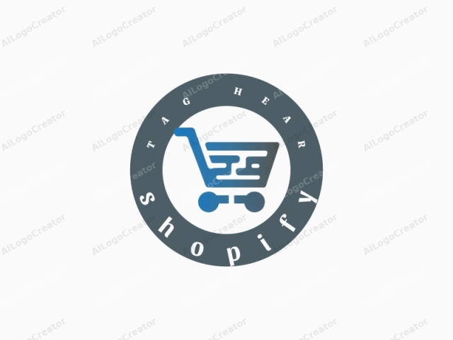 The image is a minimalist, digital logo design with a sleek and modern aesthetic. The central motif is a stylized shopping cart rendered in a gradient of blue to white. The cart has a curved handle on the left side, a rectangular body,