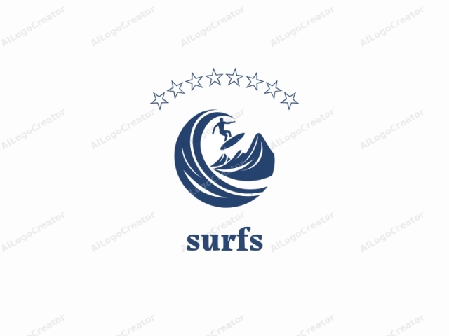 Dies ist ein minimalistisches Logo in Dunkelblau vor einem schlichten weißen Hintergrund. Das Logo zeigt eine stilisierte Illustration eines Surfers, der auf einer Welle reitet und die Essenz des Surfens einfängt. Der Surfer, als Silhouette dargestellt, ist zentral positioniert mit einer