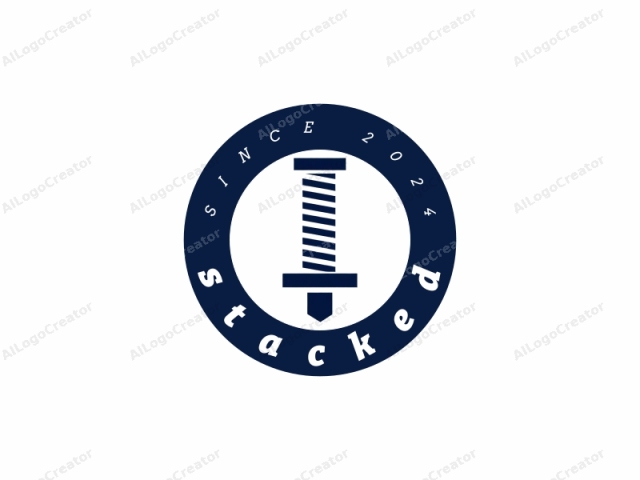 This is a minimalist graphic representation of a nail. The image is created using a solid dark blue color on a stark white background. The design is highly stylized, featuring a vertical, cylindrical body that spirals clockwise from the bottom to the top