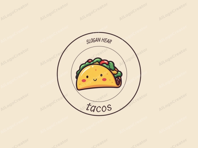 Esta es una ilustración estilizada y caricaturesca de un taco, con un diseño caprichoso y adorable. El taco se representa con colores brillantes y vibrantes, con líneas limpias, mostrando una concha amarilla y una cara alegre y sonriente. La cara incluye dos