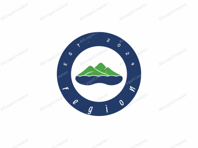 This minimalist logo depicts a stylized mountain and lake. The illustration is rendered in a modern, clean design, with bold, flat colors. The mountain, which occupies the majority of the image, consists of two symmetrical peaks, one on the