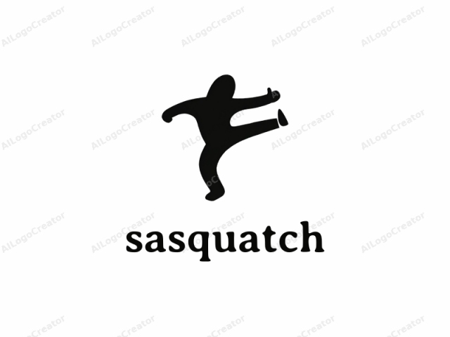 This is a minimalist, black and white silhouette logo image depicting a stylized human figure in a dynamic, mid-action pose. The subject is facing forward with both arms extended outwards, one hand giving a thumbs-up gesture, while the other hand