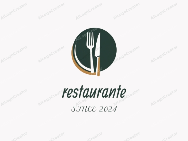 Este es un logotipo estilizado que presenta una representación simplificada de un conjunto de tenedor y cuchillo, representado en un diseño minimalista y plano. El tenedor y el cuchillo son blancos, simbolizando limpieza y frescura, y están colocados simétricamente dentro de un fondo circular. El círculo