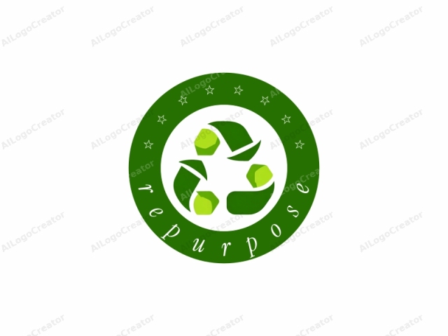 en un estilo de diseño minimalista. Esta es una imagen de logotipo que presenta un símbolo de reciclaje verde, que consiste en tres flechas formando un bucle, comúnmente utilizado para representar el reciclaje y la responsabilidad ambiental. El logotipo está posicionado centralmente sobre un fondo blanco, haciendo que los tonos verdes destaquen