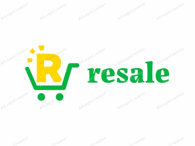 en un estilo de arte digital. Este es un logo minimalista que presenta un ícono de carrito de compras estilizado sobre un fondo blanco liso. El carrito de compras está delineado en verde grueso, con la letra "R" colocada prominentemente dentro de él. La letra "R" es