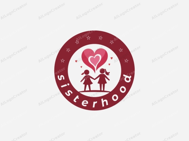 This minimalist logo features a simplistic, flat design in red and white. The central element is a stylized silhouette of two figures, each representing a child. The child on the left is a girl with a simple dress and hair tied in a pony