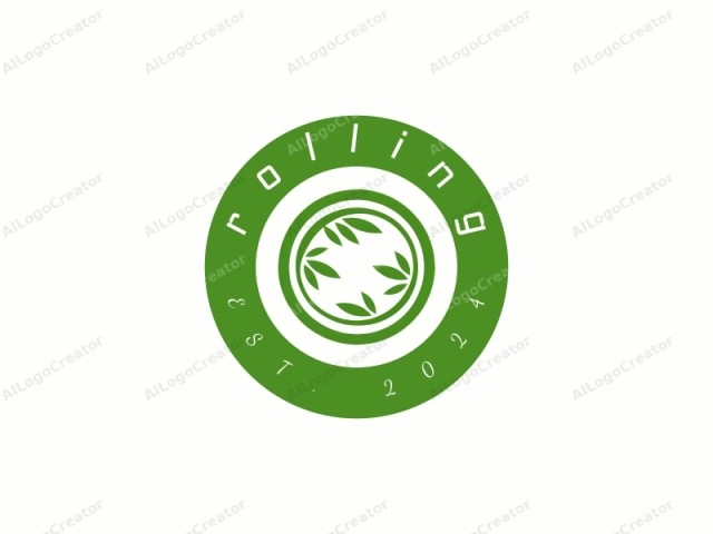 This image is a minimalist, abstract logo design with a central focus on natural elements. The main subject is a large, circular emblem featuring three green leaves arranged in a symmetrical formation, each leaf pointing outward in different directions. The leaves are rendered