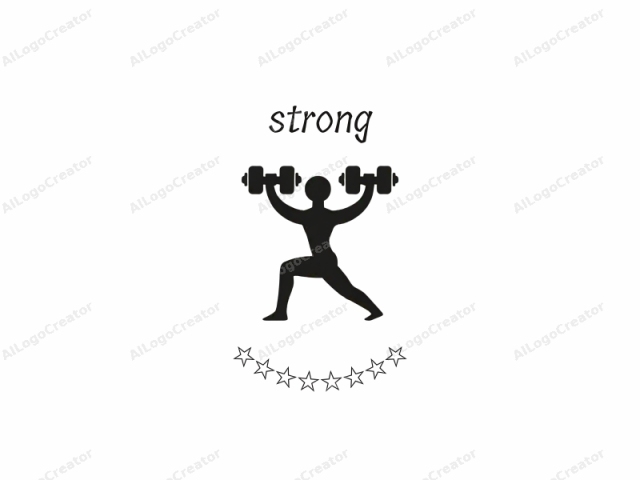 This image is a black and white vector graphic illustration of a stylized, human silhouette engaged in a weightlifting pose. The figure, represented in solid black, is depicted in profile facing right. The left arm is fully extended upward, holding a