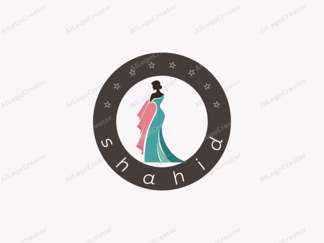 Dies ist eine minimalistische, digitale Logo-Illustration, die die Silhouette einer Frau im Profil zeigt. Die Illustration verwendet klare Linien und flache Farben, um eine anmutige Figur in einem eleganten Kleid darzustellen. Der dunkle Hautton der Frau kontrastiert stark mit dem hellen, gedämpften