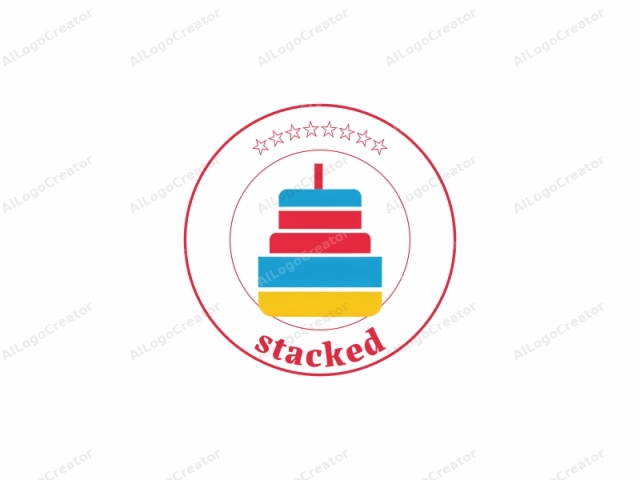 focusing on its stylistic and visual aspects. This simple yet striking logo features a stylized, flat, and geometric representation of a three-tiered cake. The cake consists of three horizontal sections, each of which is colored distinctly: red for the